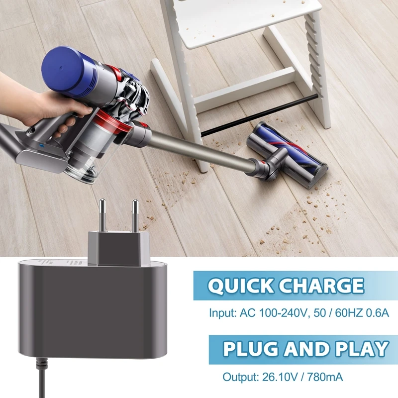 Carregador 26.1v para aspirador de pó dyson v6 v7 v8 sv03 sv04 sv05 sv06 sv07, dc59 dc58 dc62 dc60 dc61 dc72 dc74 plugue da ue