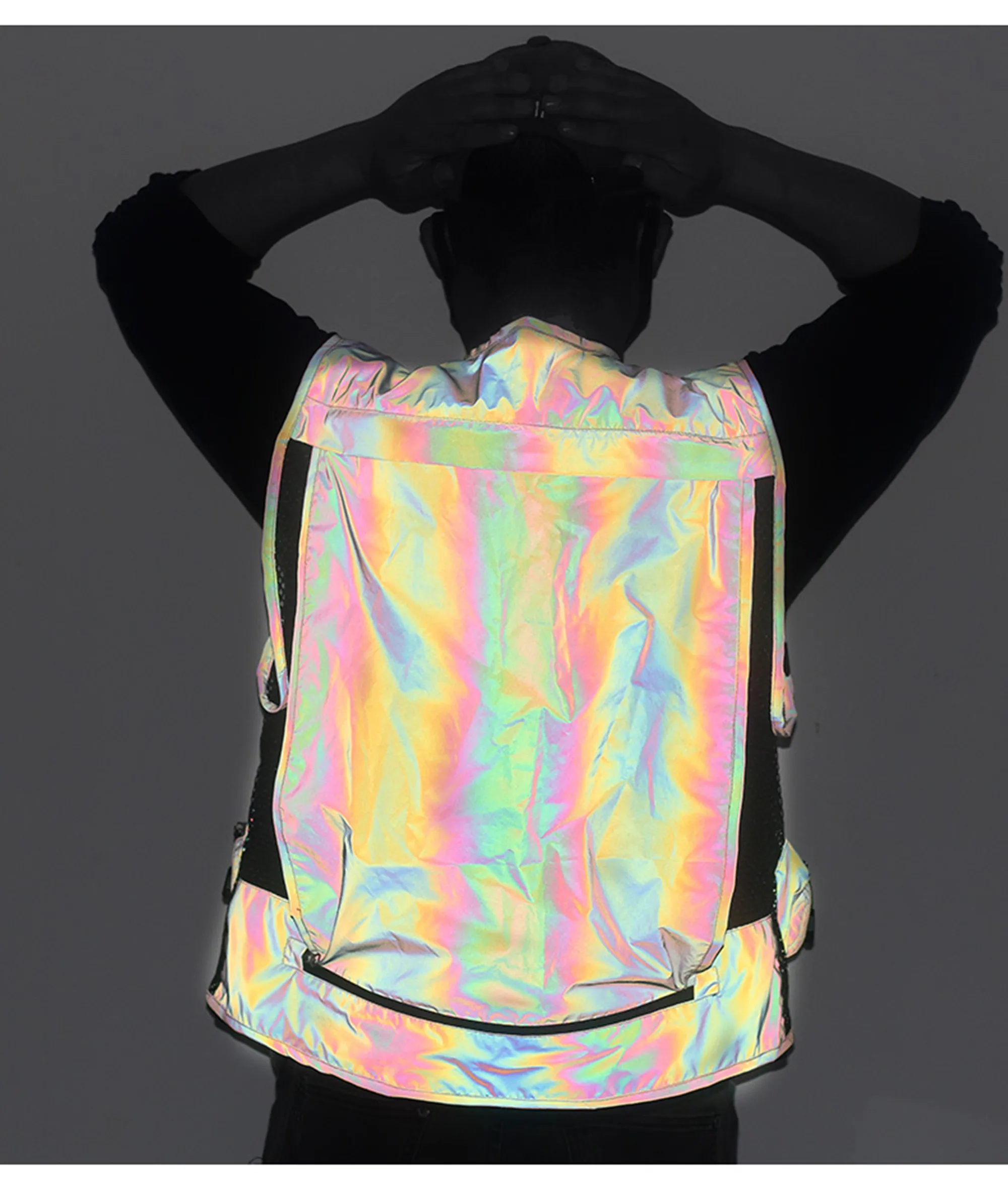 Men\'s Holographic Reflective Colorful Rainbow Vest Unique Reflective Multi-Pocket Function Waistcoat