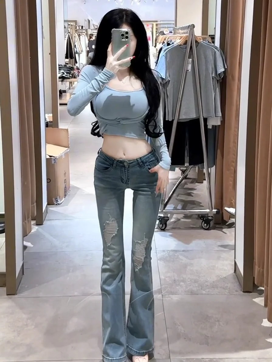 

Slimming High Waist Bell Bot Jeans Women's Distred Irregular Wa Denim Low Rise Ankle Length Retro Sle Cotton Stretch