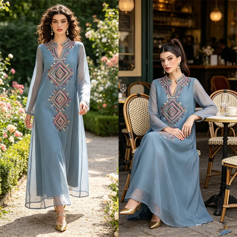 

2026 New Women Embroidery Long Dress Dubai Abaya Muslim Party Evening Dresses Turkey Kaftan Eid Djellaba Islam Jalabiya Vestidos