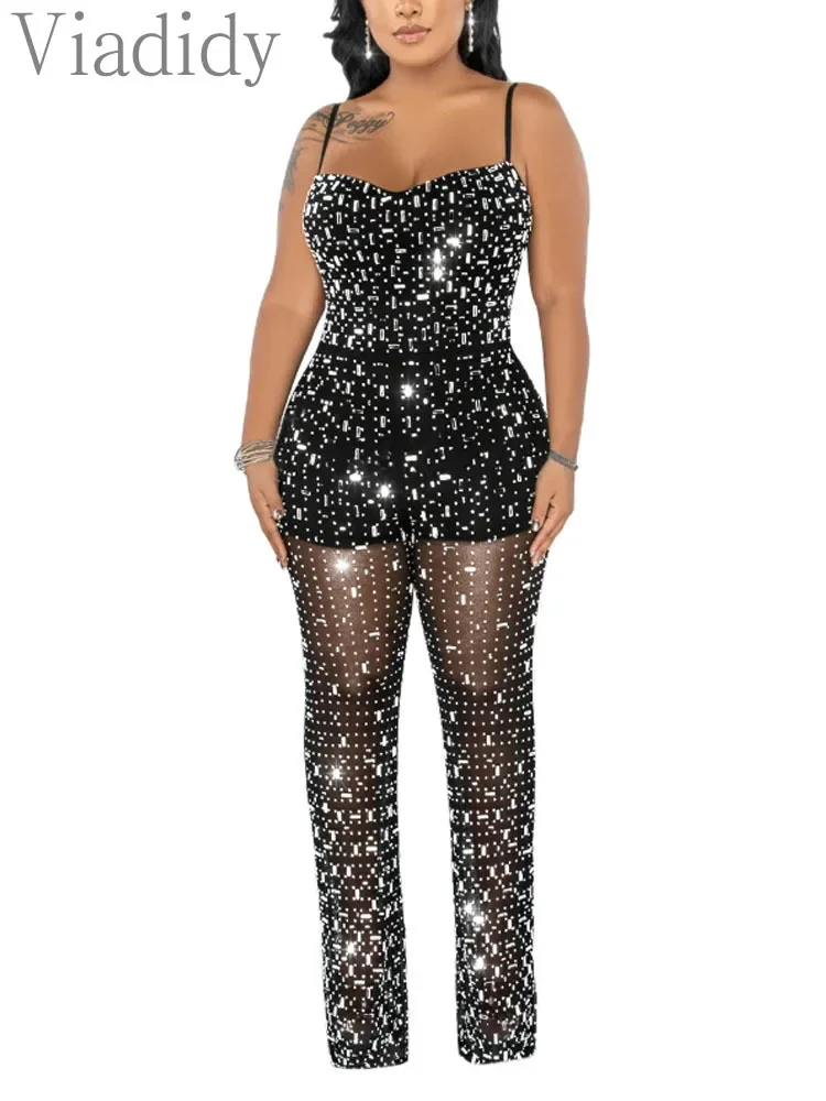 

Women's Sexy Solid Color Sheer Mesh Spaghetti Strap Rhinestone Decor Jumpsuits Rompers
