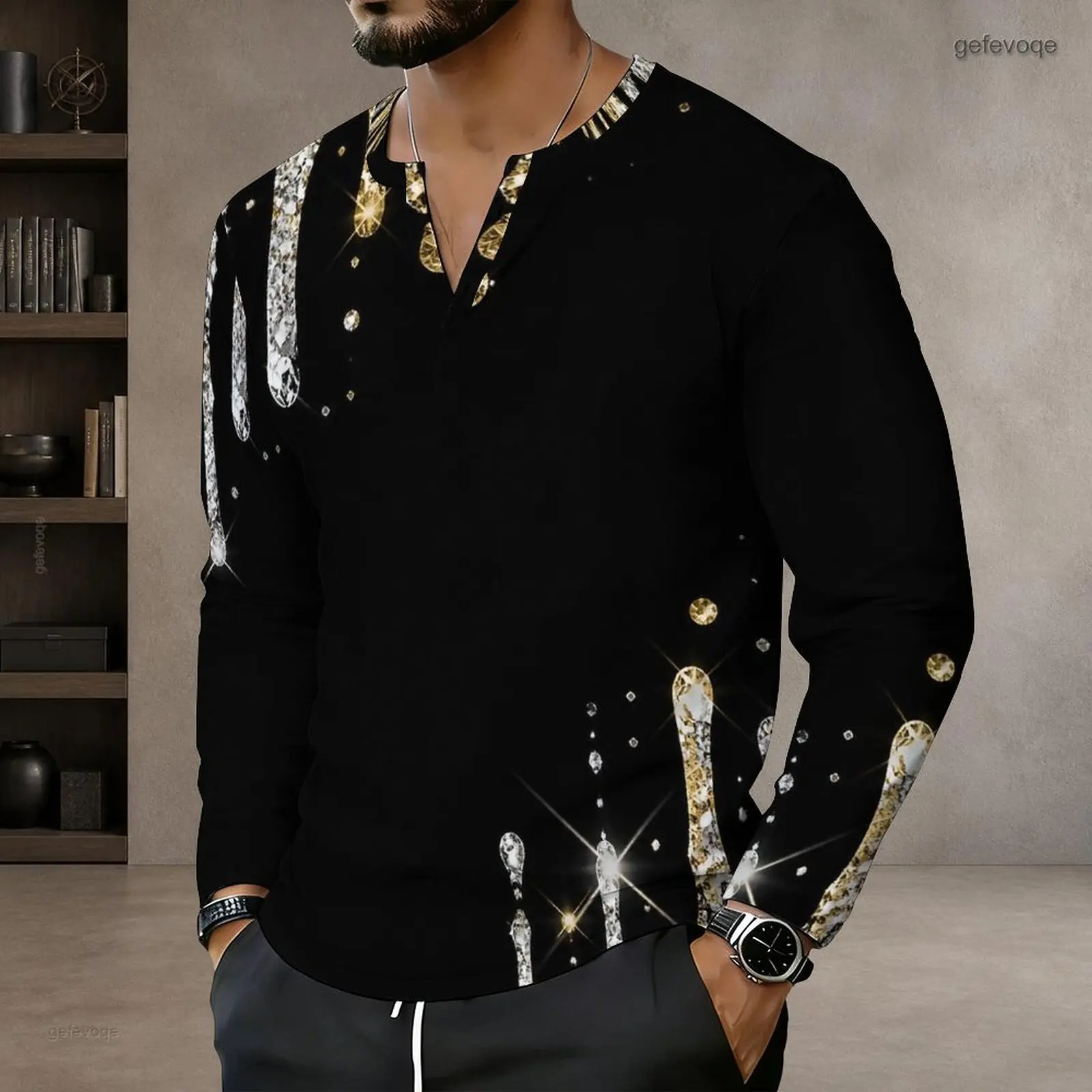 Printed Top for Men Notch Neck Long Sleeve Pullover Straight Hem