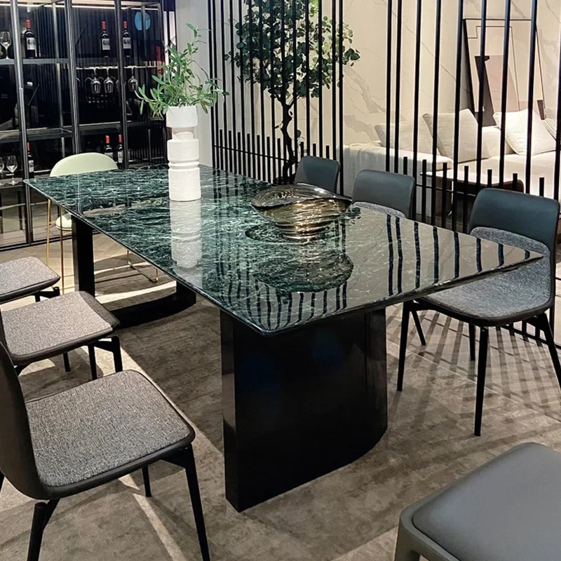 Italian light luxury minimalist large flower green natural luxury stone rectangular dining table, high-end villa simple