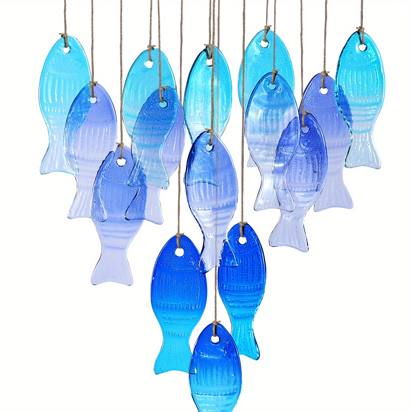 Carillón de viento de pescado de vidrio azul hecho a mano: decoración colgante grande para exteriores/interiores con peces esféricos vibrantes