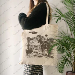 1 pc Ufo Western pattern Tote Bag Canvas Shoulder Bag For Travel Daily Commute Women's Reusable Shopping Bag
