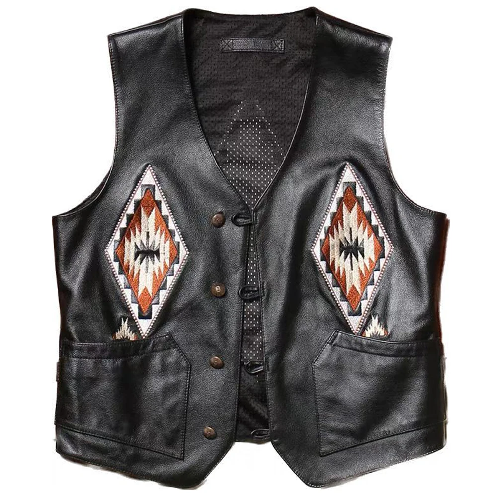 

European Style Cowhide Vest Men Patchwork Embroidered Navajo Pattern Summer Vest V-neck Genuine Leather Camisole Waistcoat 5XL