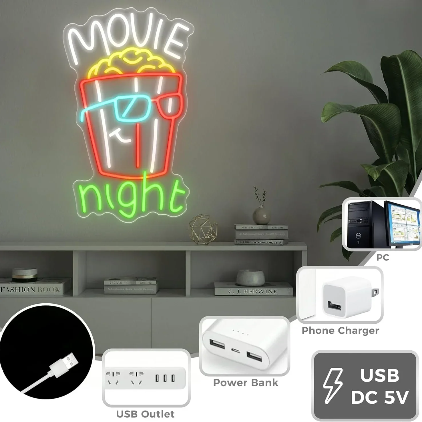 Movie Night Popcorn Neon Sign Colorful Glasses LED Wall Art USB Powered Modern Decor Theater Cinema Room Aesthetic Hanging Light