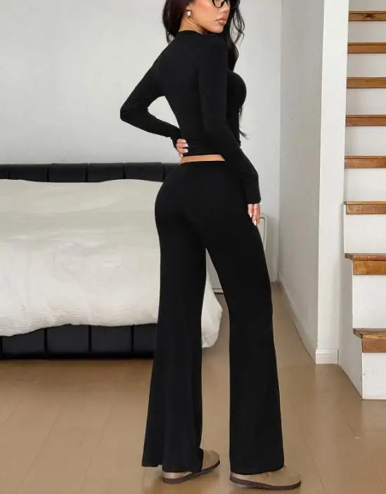 Women's Stylish Turtleneck Set Stretchy Fabric with Long Sleeve Top and Wide Leg Pants Versatile Outfit Set