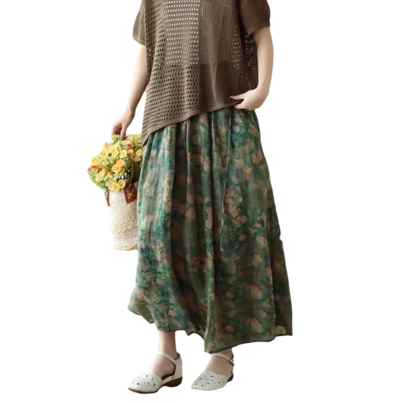 جديد وصول الربيع/الصيف الفنون نمط المرأة فضفاضة عادية الأزهار طباعة ألف خط منتصف العجل تنورة نوعية جيدة القطن الكتان التنانير Y326 #5