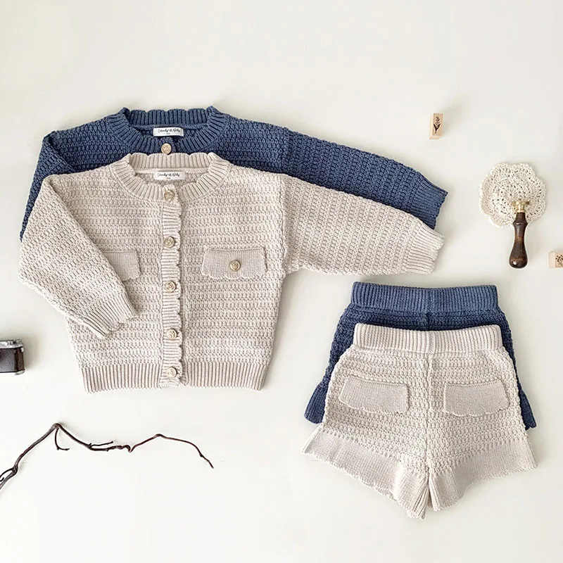 Autumn Spring Kids Clothing Set Long Sleeved Solid Color Knitted Cardigan Coat+Shorts Baby Girl Knitted Clothes Suit