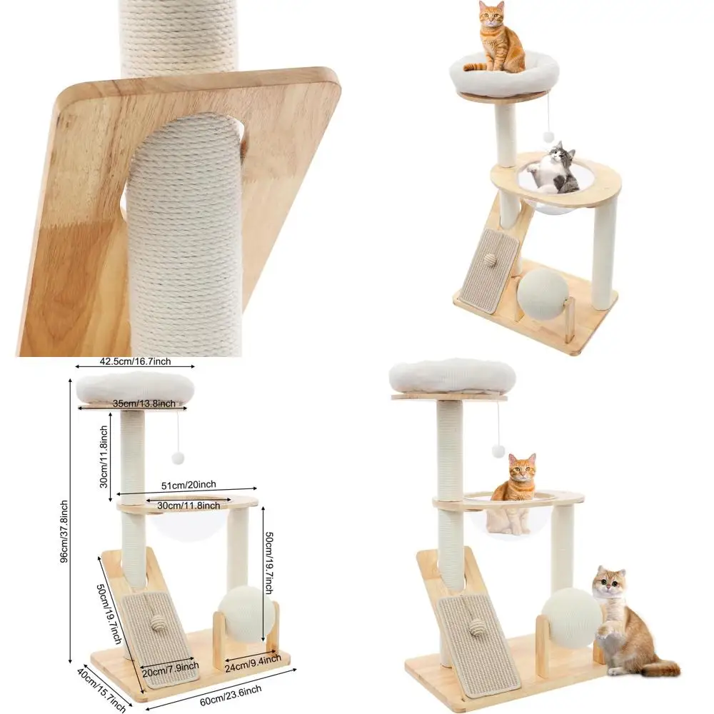 

Деревянный кошачий домик высотой 37,8 дюймов с сизалевыми когтеточками, верхней полкой и акриловым гамаком для кошек всех размеров