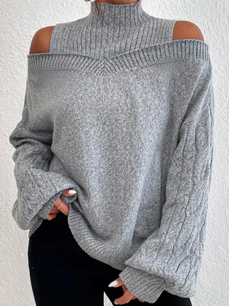 

Turtleneck Knitted Sweater Women Off Shoulder Pullovers Autumn Winter Warm Thick Warm Jumpers Gray Hollow Out Y2k E-girl Jumper