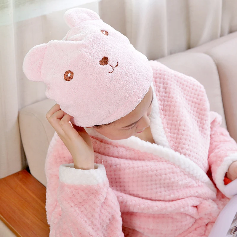 Dry Hair Cap For Women Quick-drying Absorbent Thick Microfiber Head Towel Korean Cute Bear Embroidered Shower Cap