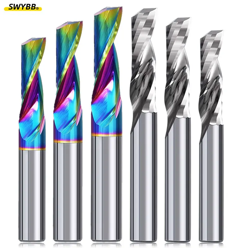 SWYBB CNC Engraving Cutter 1F One Flute End Mill Single Tooth Spiral 1 2 3.175 4 5 Shank 3D Bit for Aluminum Acrylic Wood