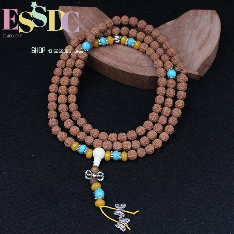 Buddhist 8mm Natural Tibetan Rudraksha Bodhi Seed 108 Mala Jingang Pestle Bone Fringes Prayer Bracelet or Necklace Wholesale