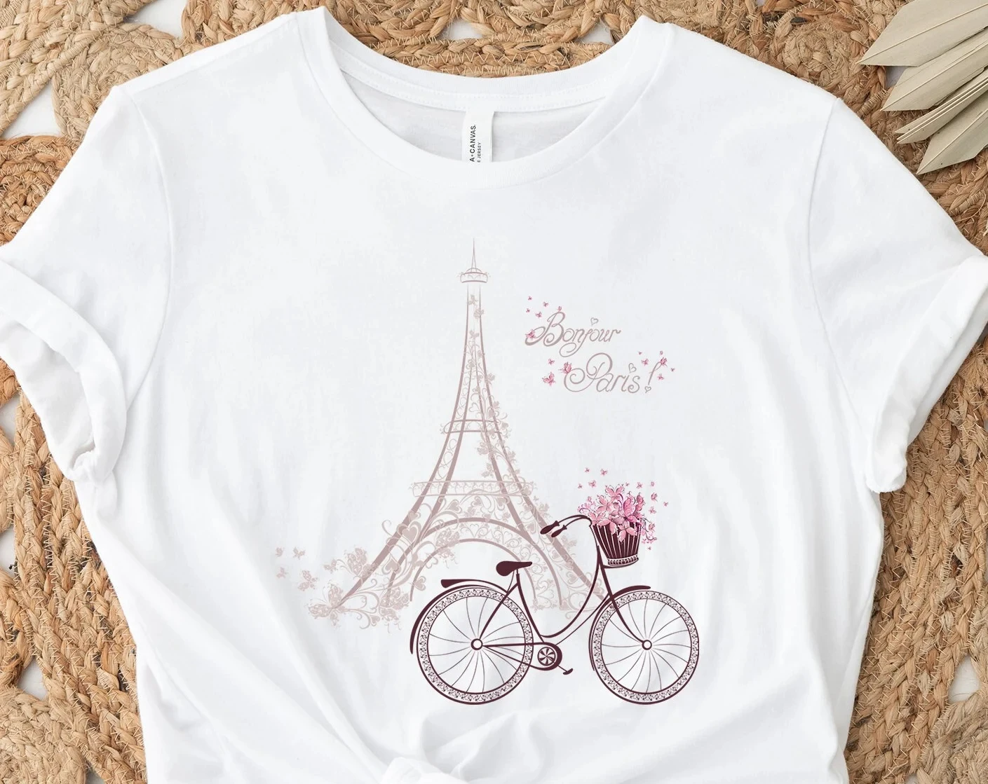 

Bonjour Paris Eiffel Tower Print Shirt Travel To France T-Shirt Women's Tee Casual Crew Neck Short Sleeve Top Creative Summer