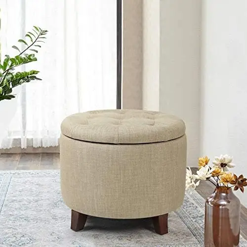 

19.7" Round Ottoman with Removable Lid,Button-Tufted Fabric Stool, Footstool for Living Room/Bedroom/ Room,Light Green Cow