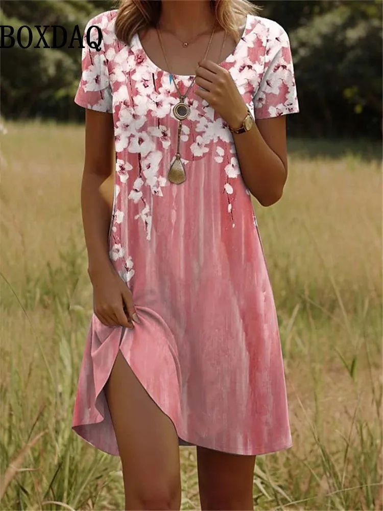 Floral Print frauen Kleid Elegante Casual Für Weibliche Sommer Mode Oansatz Kurzarm Lose Urlaub Damen Lose Kurze Kleid