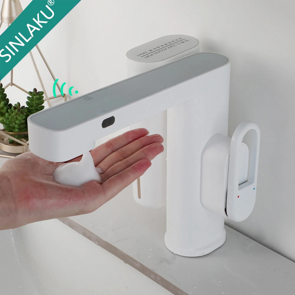 SINLAKU Automatic Inflated Sensor Faucet Crane Single Handle Bathroom Sink Faucets with Soap Dispenser Combo Deck Mounted