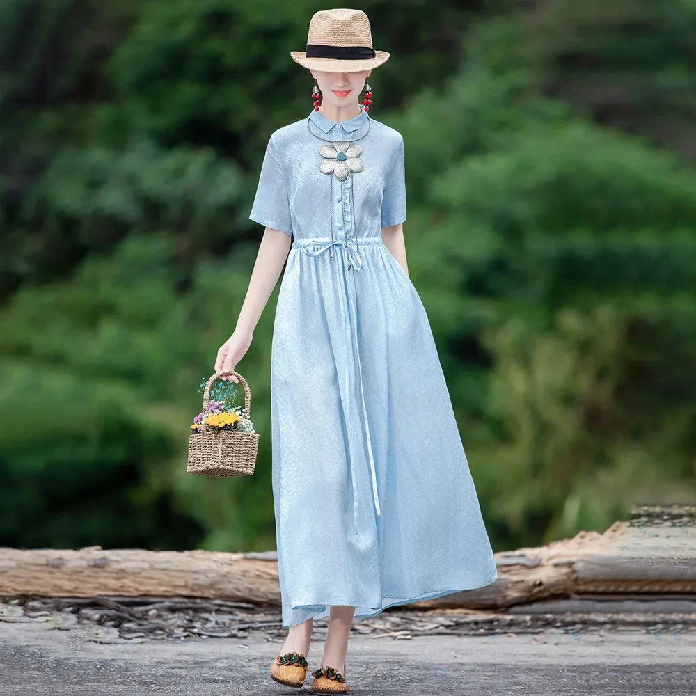 

2022 Summer new dress foreign style dress women's casual loose thin high long dress lace up waist dress