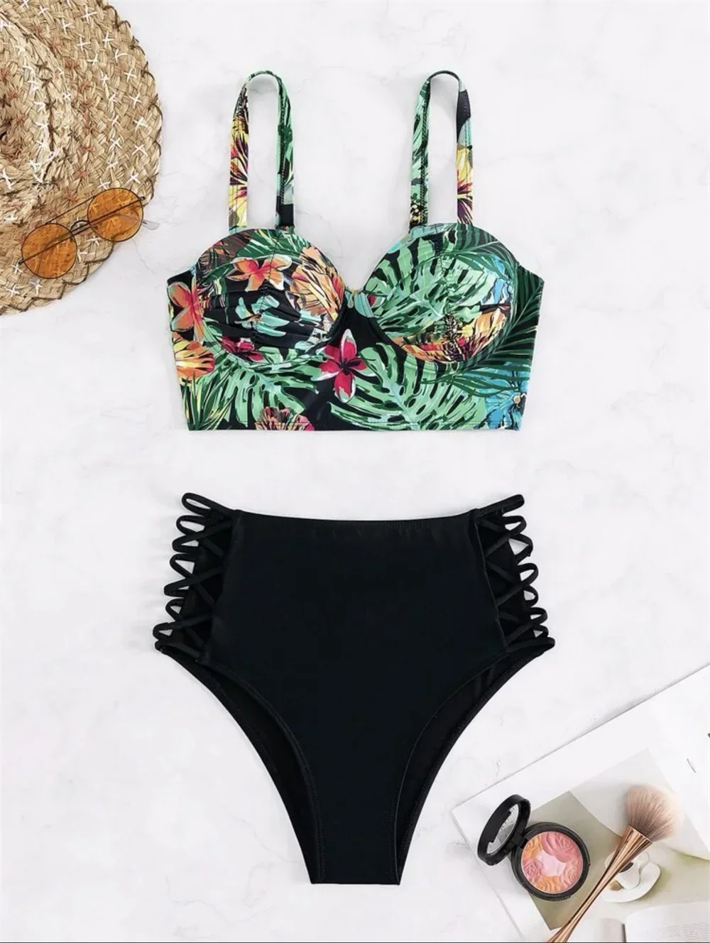 Sexy Push-Up-Bikini mit Blumenmuster, hoher Taille, aushöhlen, Y2K-Urlaubsbadebekleidung, Damen-Tankini, 2-teiliges Strand-Outfit, Badeanzug