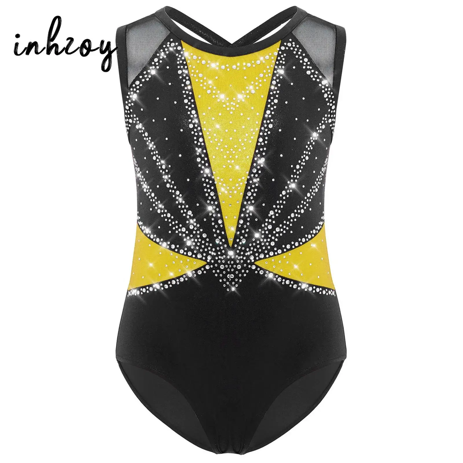 

Girls Ballet Leotard Shiny Rhinestone Sleeveless Straps Back One Piece Bodysuits Ice Skating Training Uniform Ballroom Costume