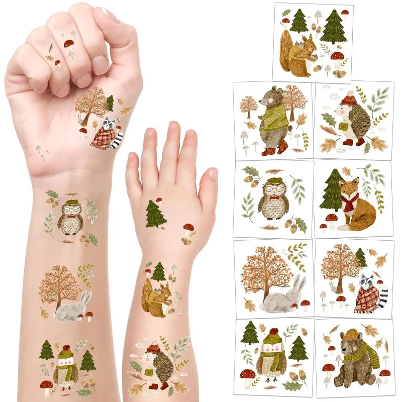 108 Pcs Forest Animals Temporary Tattoos for Autumn Kids Birthday Woodland Animal Themed Party Family Gathering Parties Supplies