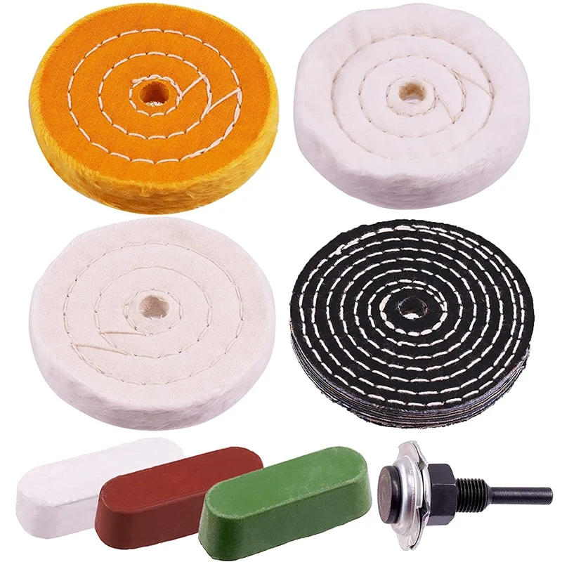 PORK-8Pcs 4 Inch Polishing Wheels Pad Denim Wheels With 3Pcs Polishing Compounds And 1/4 Inch Drill Shank For Bench Grinder