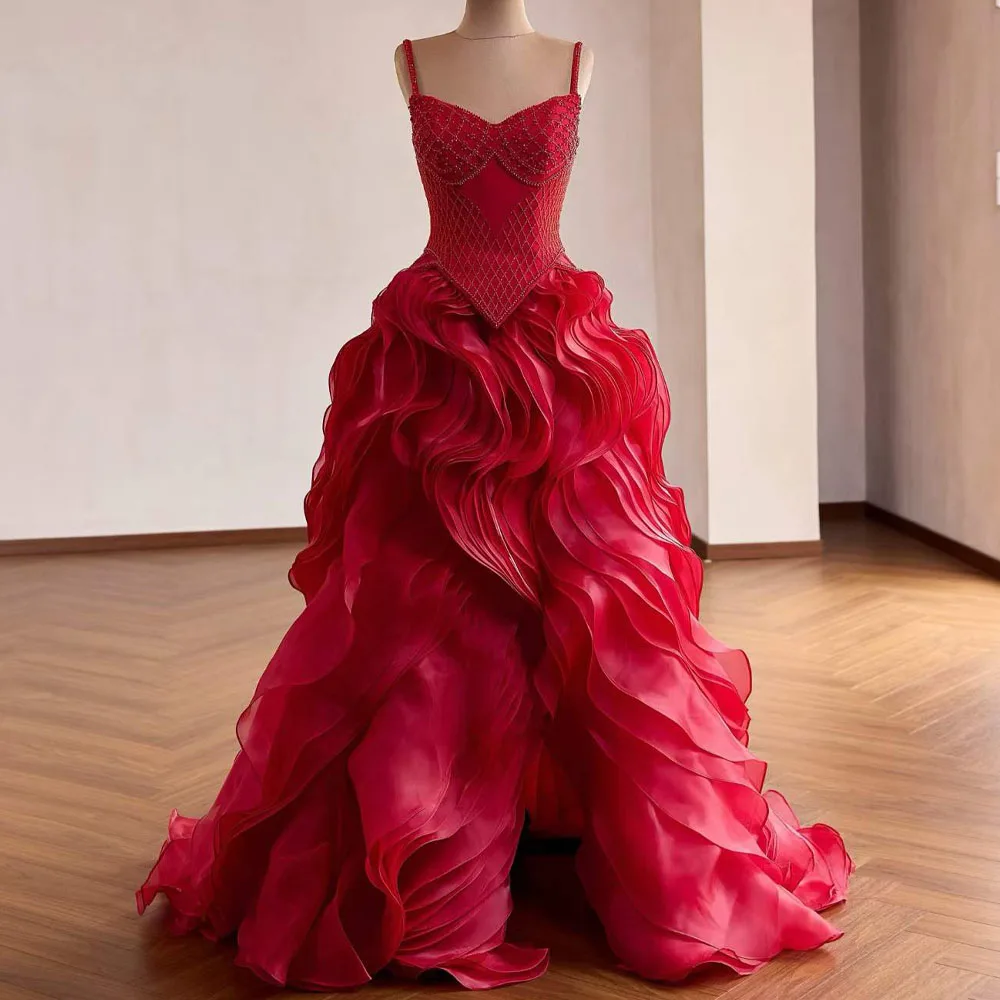 

Customizable Red Evening Gown Spaghetti Strap Zipper Beaded Ruffle Detail For Women