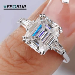 1-4ct Emerald Cut Full Moissanite Ring Trapezoid Baguette 3-Stone Diamond Engagement Wedding Band 925 Sterling Silver for Women