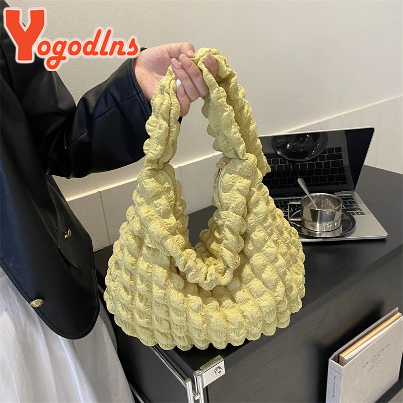 Yogodlns Elegant Shoulder Bag Women Pleated Puff Small Handbag Portable Shopping Totes Quilted Design Solid Color Underarm Bag