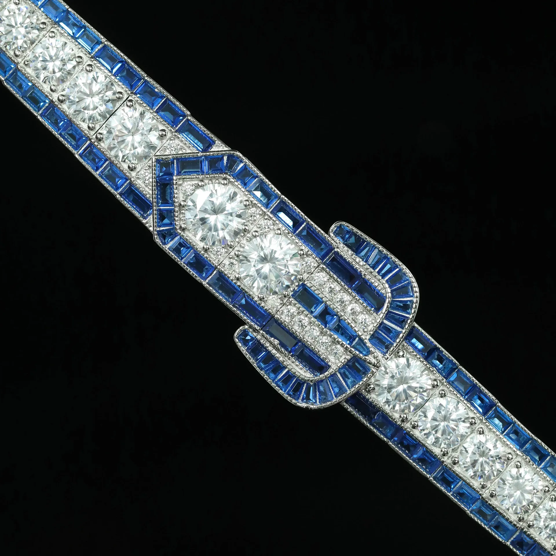 벨룩스 925 실버 골드 도금 합성 지르콘 팔찌 GRC 실험실 재배 스피넬 블루 아트 데코 서양 빈티지 팔찌