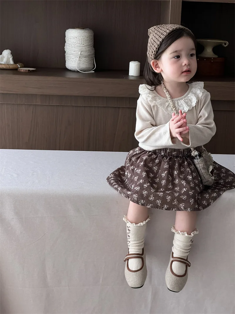 2024 Autumn New Baby Girl Floral Skirts Cotton Infant Girl Floral Print Skirts Suit Toddler Girl Lace Shirts Outfits