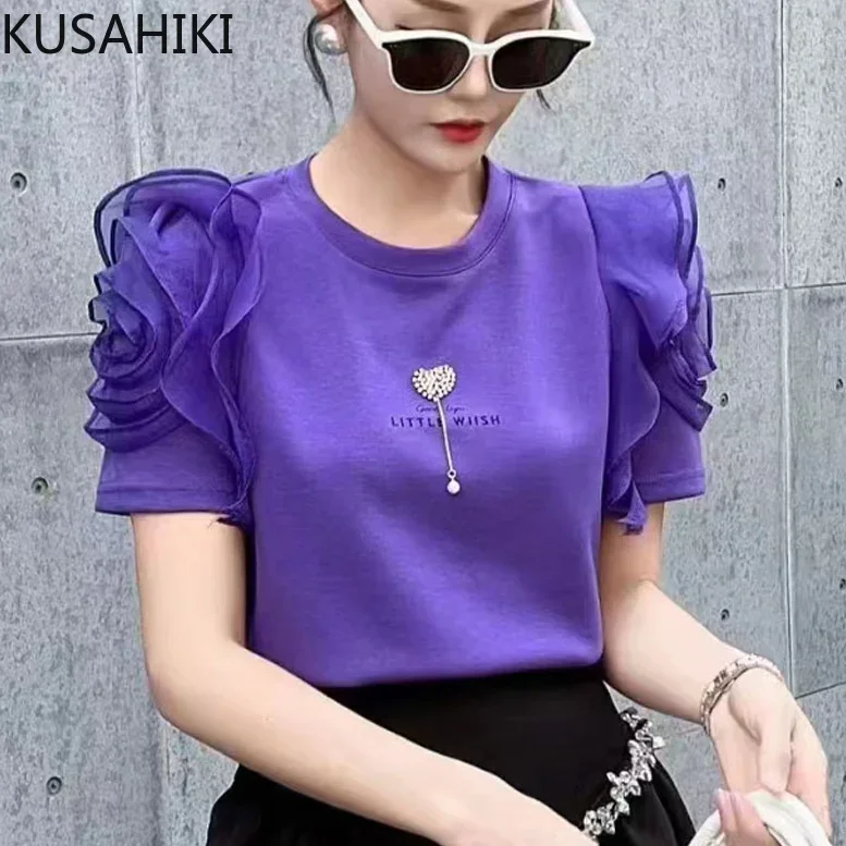 KUSAHIKI Chic 3D Flower Short Sleeve Shirts for Women Fashion O-neck 2023 Summer Camisetas New Chic Graphic T Shirts Y2k Top