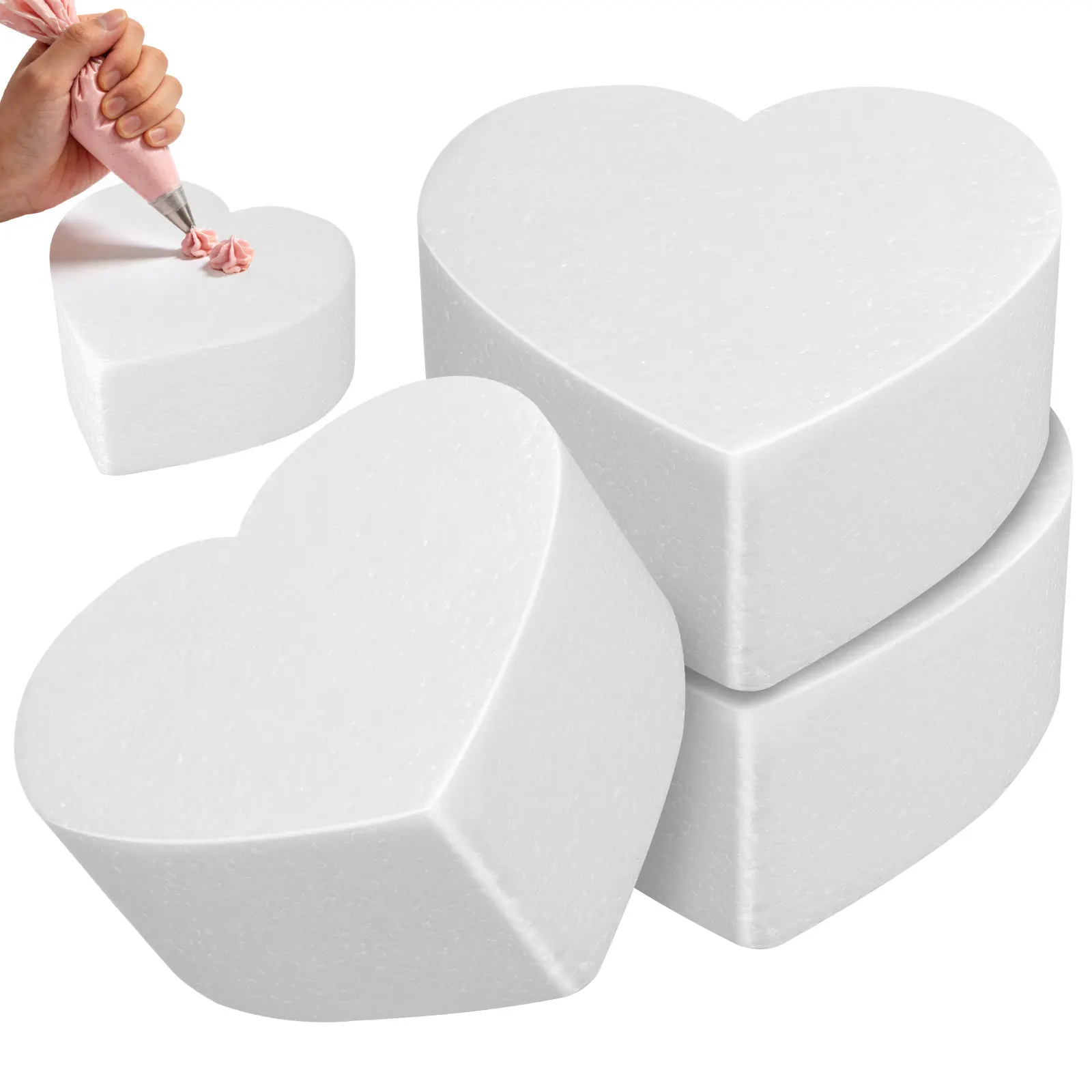 3Pcs Foam Cake Dummies White Heart Shape Lightweight DIY Baking Practice Display Props for Cake Decorating Party Photography