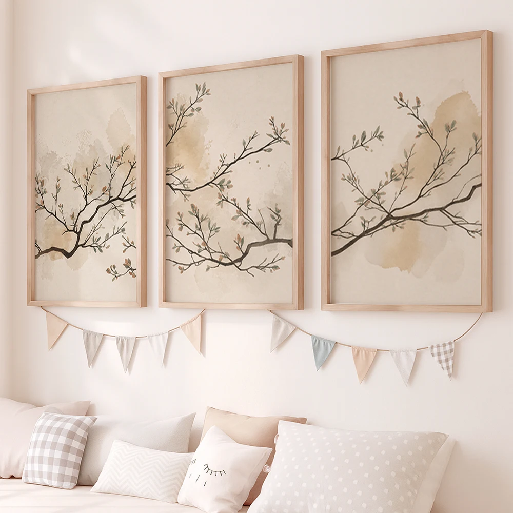 Set of 3 Neutral Watercolor Branch Canvas Wall Art Prints Unframed Minimalist Botanical Bedroom Living Room Study Hallway Decor