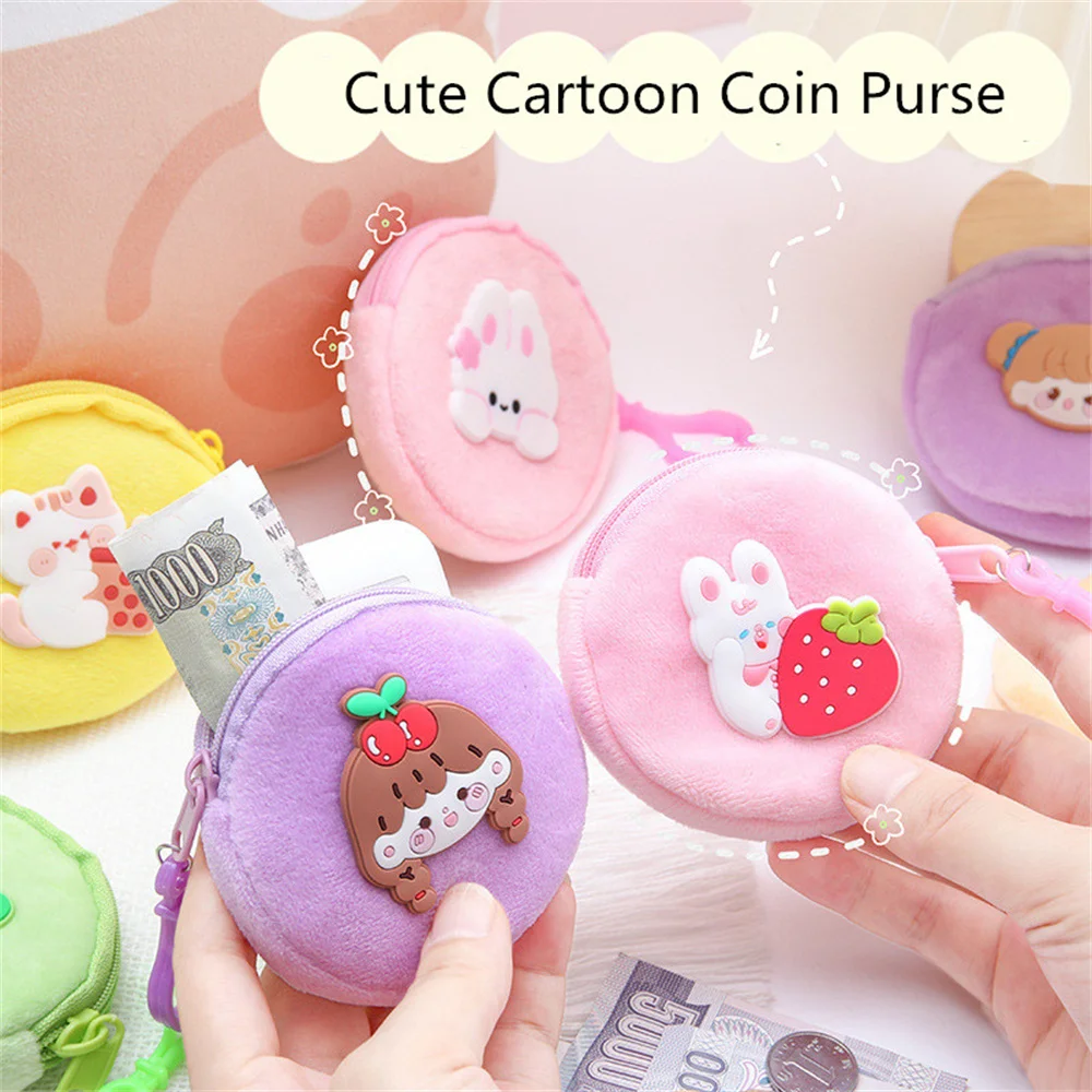 Porte-monnaie en peluche de dessin animé coréen pour petites filles, petite pochette à fermeture éclair, sac à main à provisions, portefeuille, poudres à clés, étui pour écouteurs, cadeau pour filles