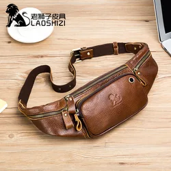 LAOSHIZI Men's Genuine Leather Waist Packs Multifunction Fashion Leather Chest Bag Sports Casual Leather Travel Pocket Phone Bag