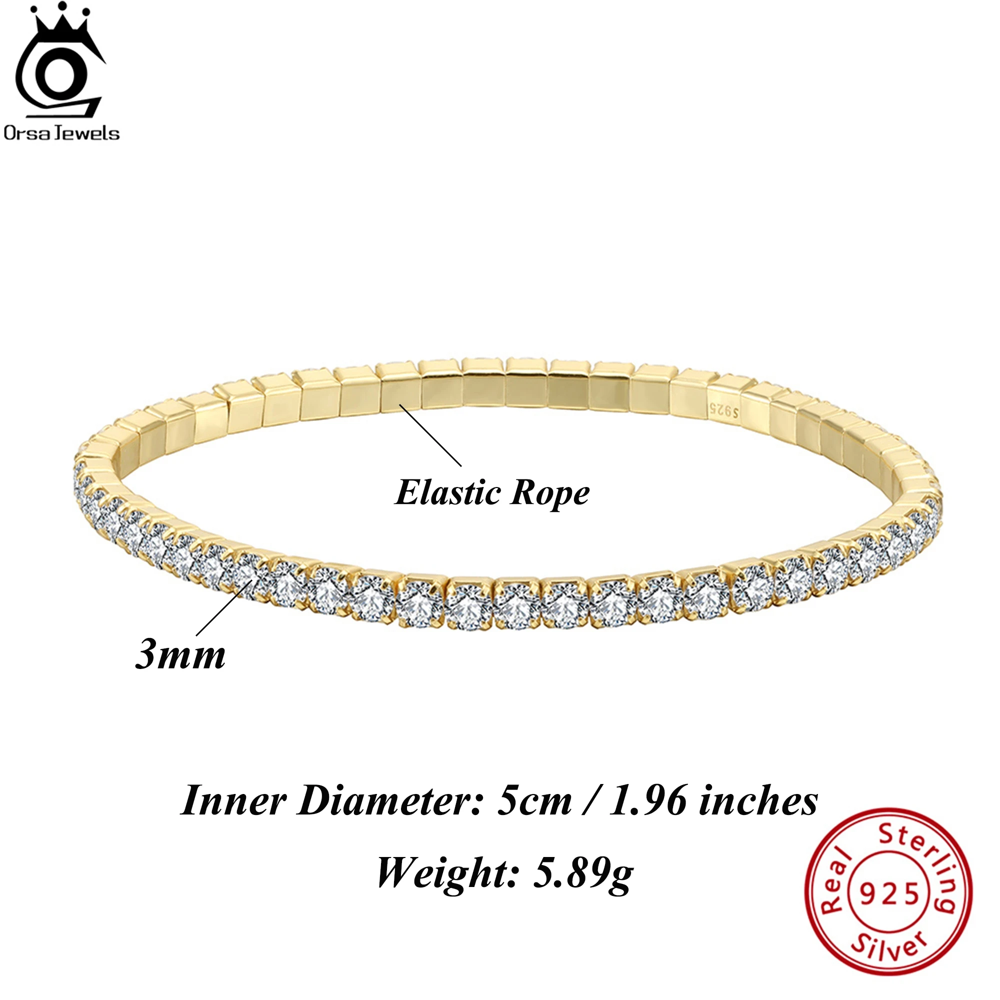 

ORSA JEWELS 3mm Sparkling 5A Cubic Zirconia Tennis Chain Bracelet 925 Sterling Silver 14K Gold Plated Elastic Rope Present SB217
