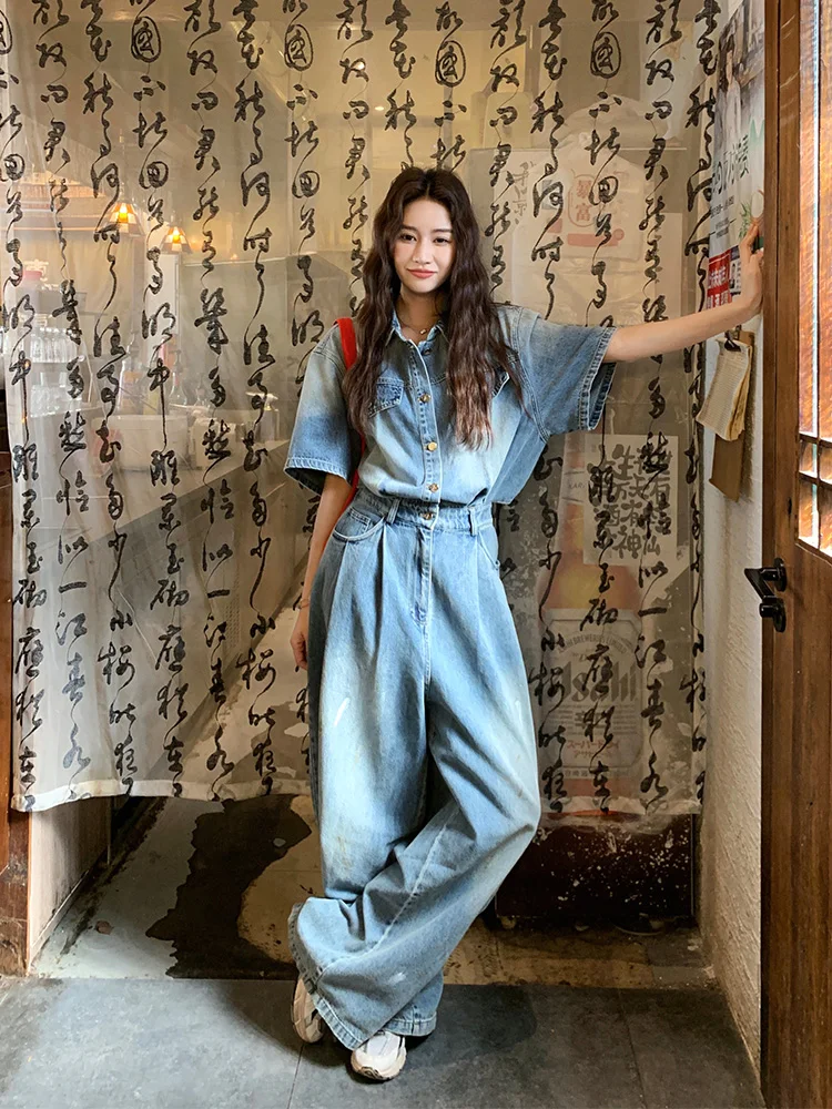 

Retro High-End Feeling Workwear Denim Overalls Set Loose Casual Wide Leg Pants Women's Summer Outfit Comfortable Ensemble