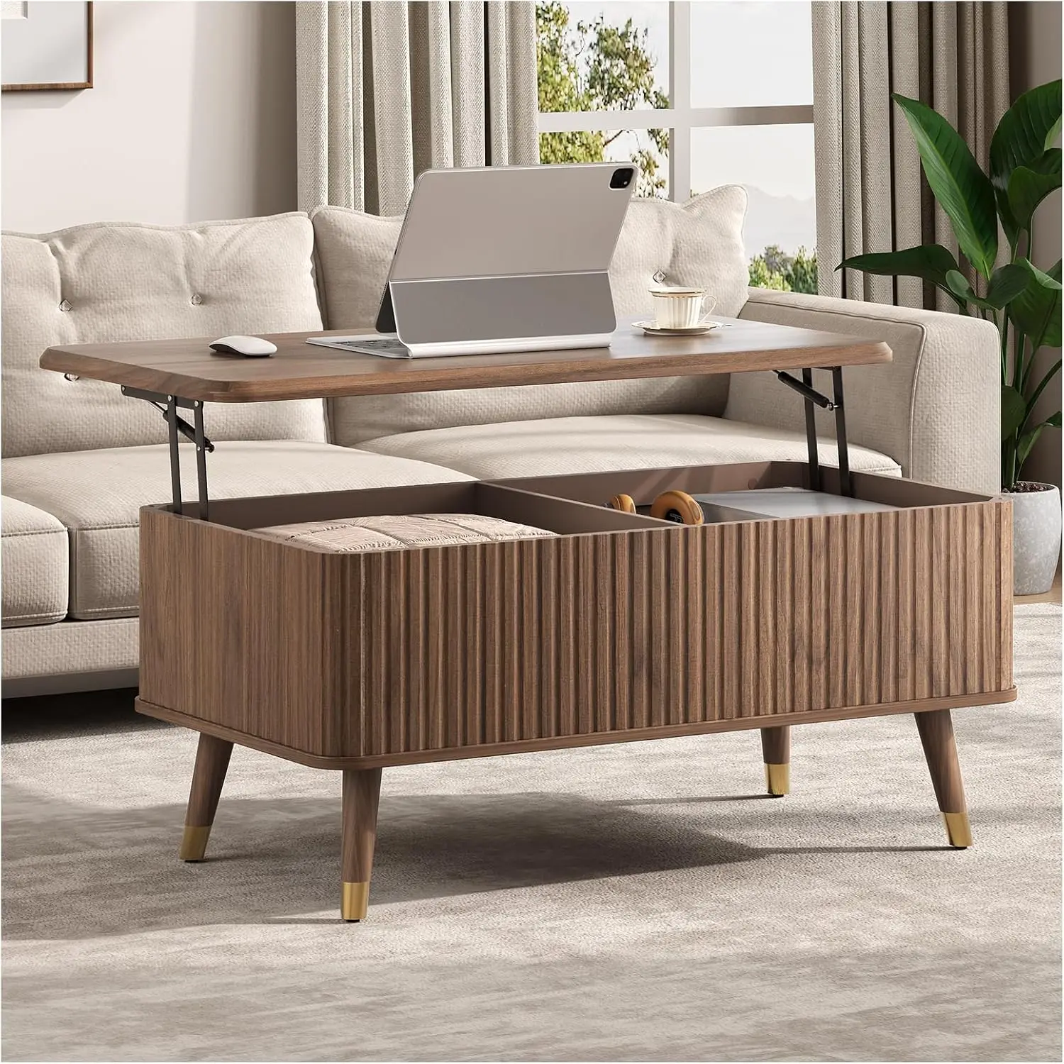 

Lift Top Coffee Table with Storage, Mid Century Modern Rectangular Center Table, Fluted Design Hidden Compartment, Rising Desk for Home Office, Walnut