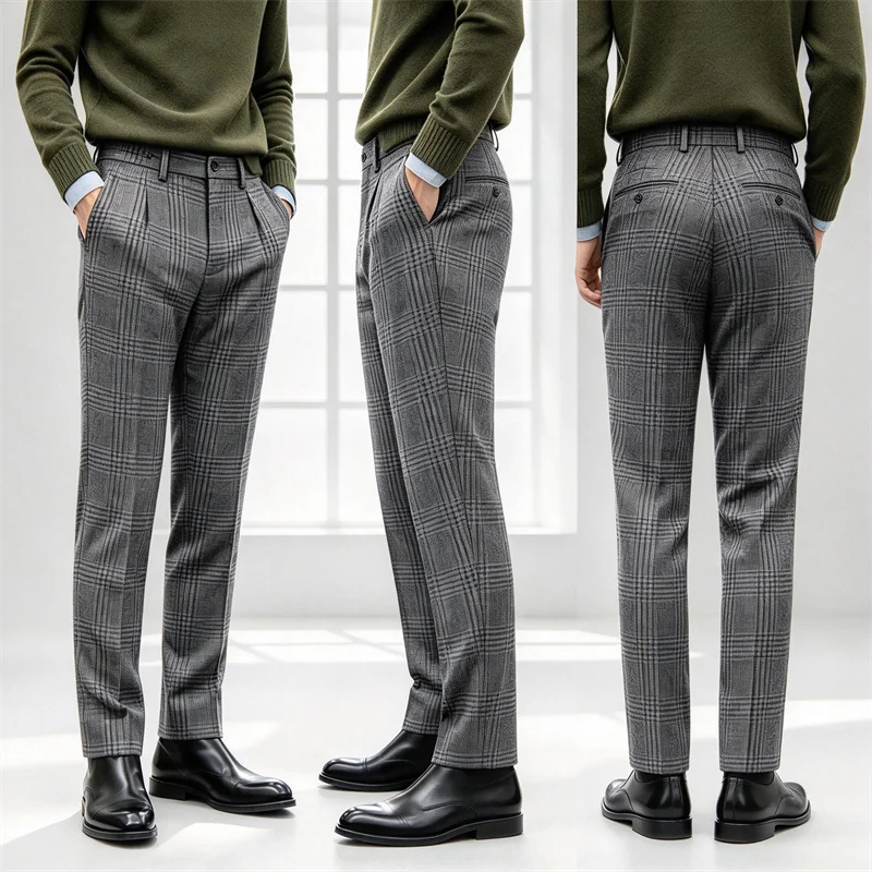 Men's Vintage Check Pleated Trousers Fit Straight Leg Formal Business Trousers Casual Office Wedding Party Prom Casual Pants