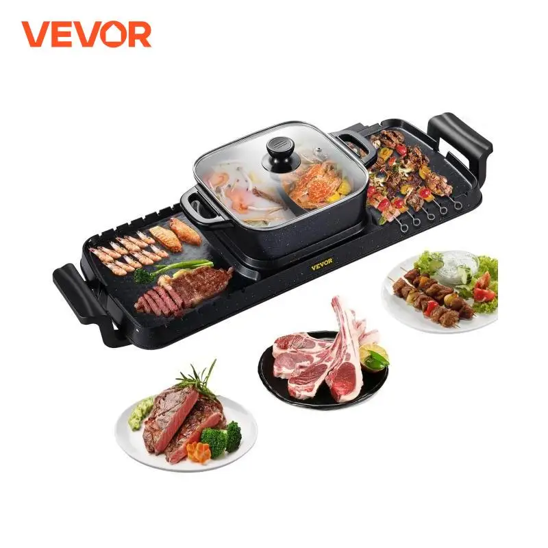 VEVOR Parrilla Eléctrica 2 en 1 para Ollas Calientes 2,8 L Olla Doble Parrilla Eléctrica para Barbacoa 800W (Olla Caliente) +1600W (Parrilla)