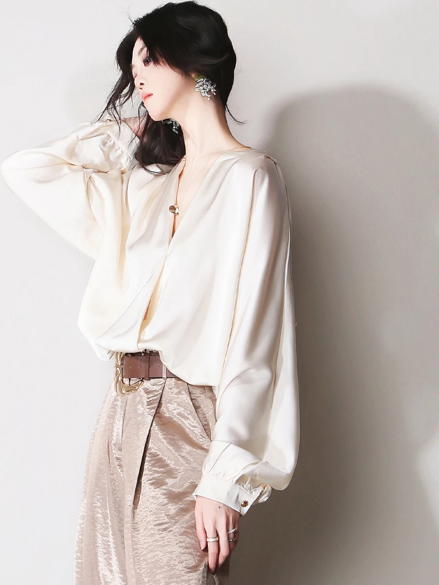 

Slimming Satin Long Sleeve Cross-Over Loose Fit Shirt Elegant Simple Style V-Neck Lantern Sleeve Women's Premium Drape Shirt