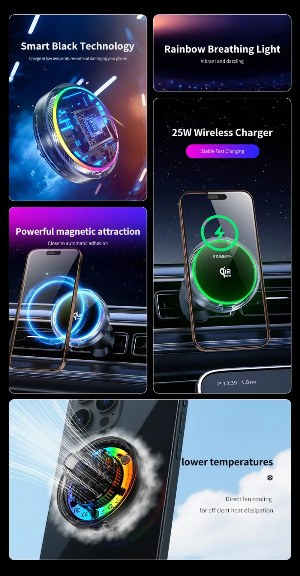 Luftgekühltes Auto-Qi2.2 25W Magnetisches Kabelloses Ladegerät mit RGB-Licht und Telefonhalterung für Magsafe iPhone 17 16 Pro Max Schnellladehalterung – Detail 2