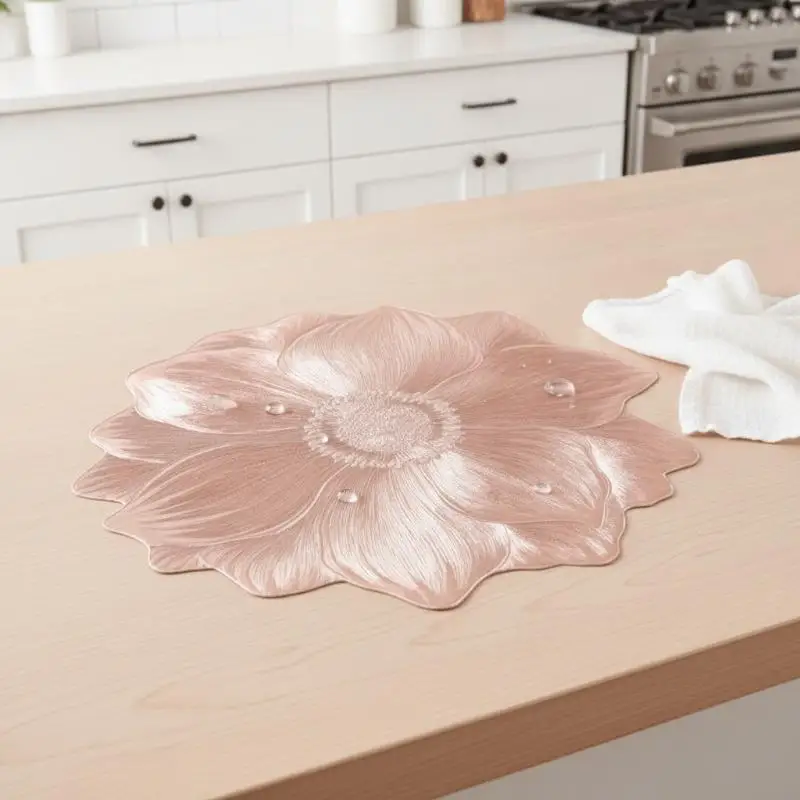 Metallic Lotus Flower Placemat Waterproof Heat Resistant Non Slip For Dining Table Wedding Party Decor