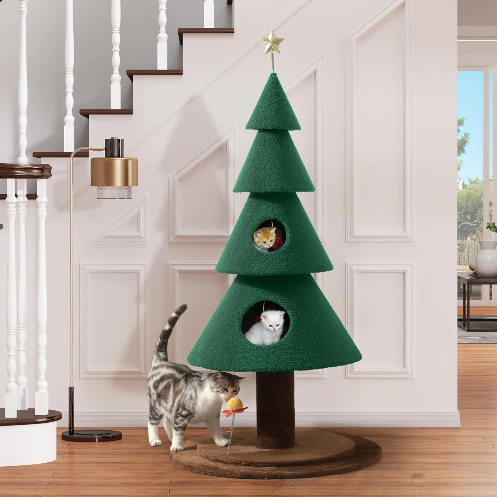 

US 60 inch Cat Tree for Indoor Cats, Tall Cat Tower Furniture with 2 Large Condos, 5ft Christmas Tree Party Decoration with Cat