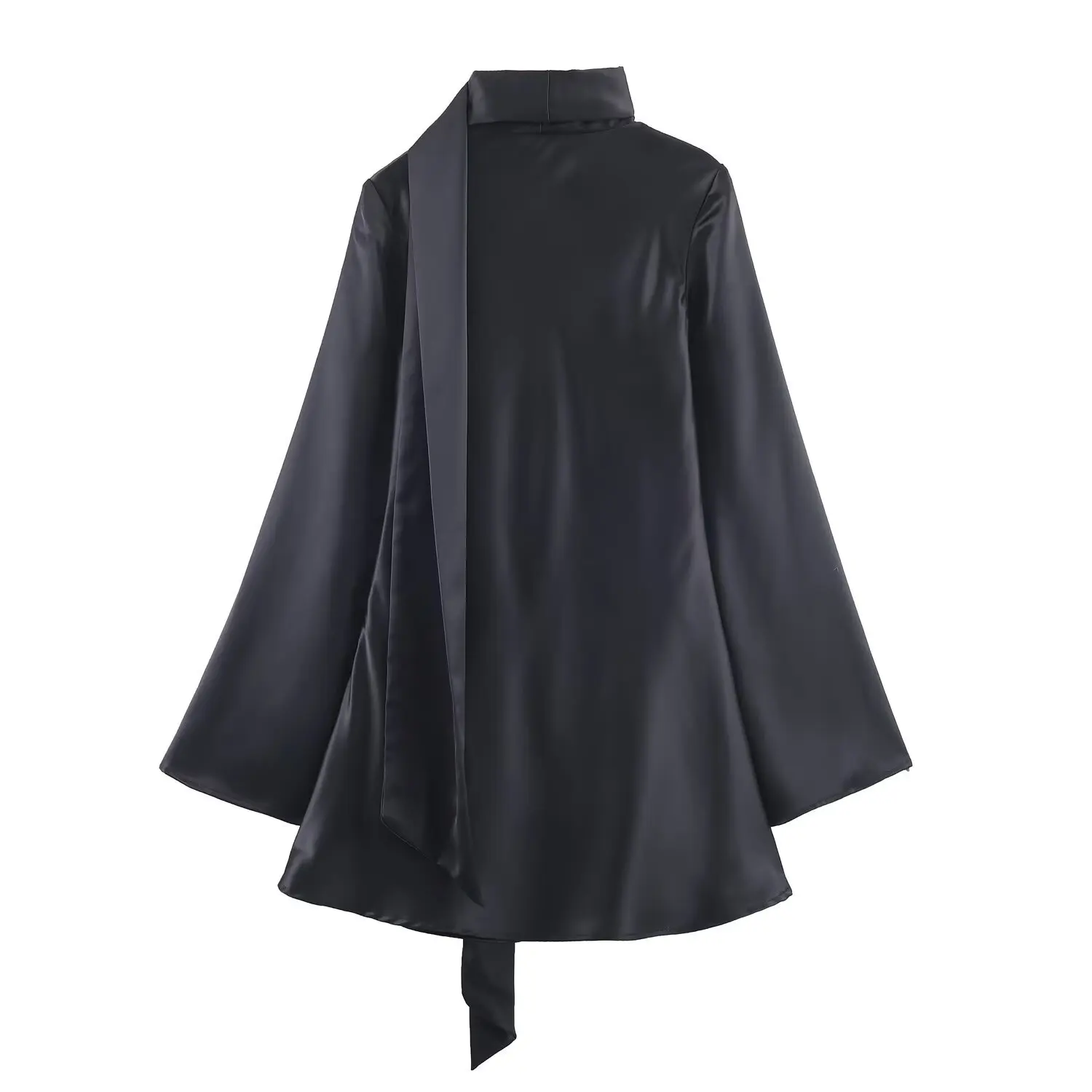 New Spring Autumn Elegant Lacing Up With Scarf V Neck Satin Dress Women Flare Long Sleeve A-line Mini Dresses Femme Vestidos