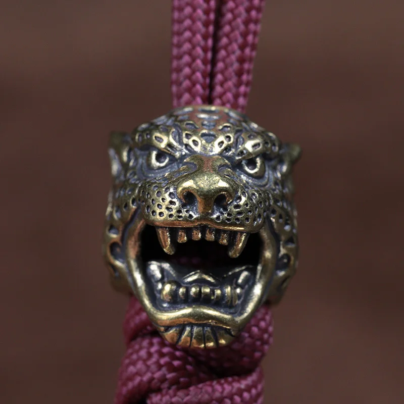 Leopard Head Sculpture Brass Knife Beads Outdoor EDC Umbrella Rope Pendants DIY Paracord Bracelets Accessories Lanyard Hangings