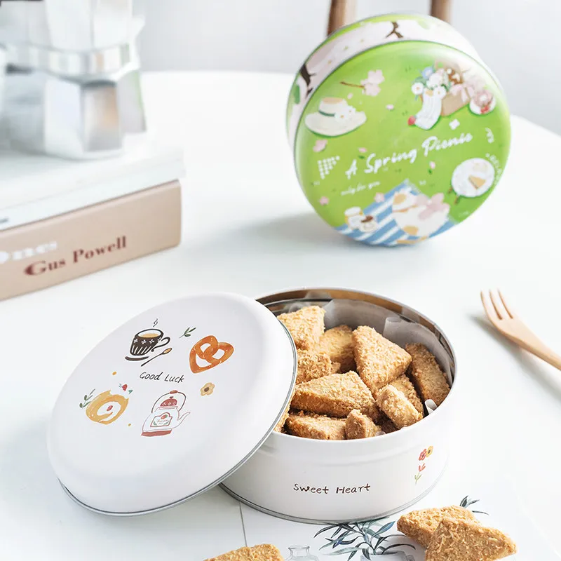 Cartoon Hand-Painted Round Empty Tin Box Cookies Storage Snack Packing Boxes Wedding Candy Organizer Home Decor Container